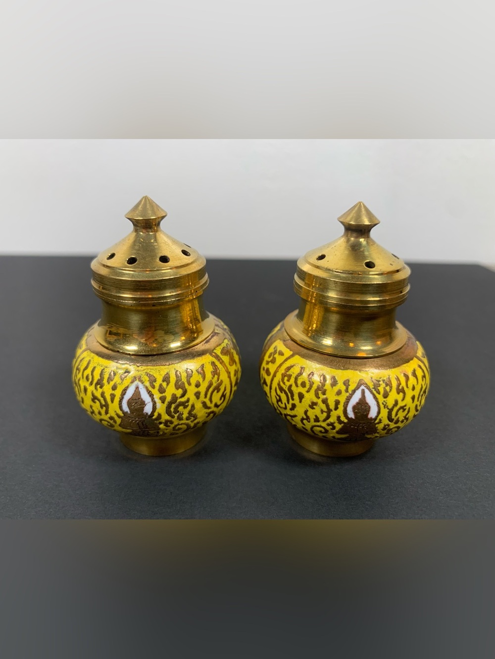 Vintage Enameled Brass Salt and Pepper Set Tray India - Picture 2 of 16